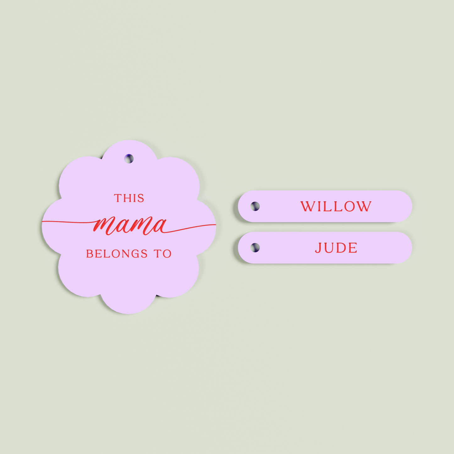 Travertino acrylic scallop keyring with 2 name tags with red text on lavender acrylic | Saint Sauvant Auckland NZ