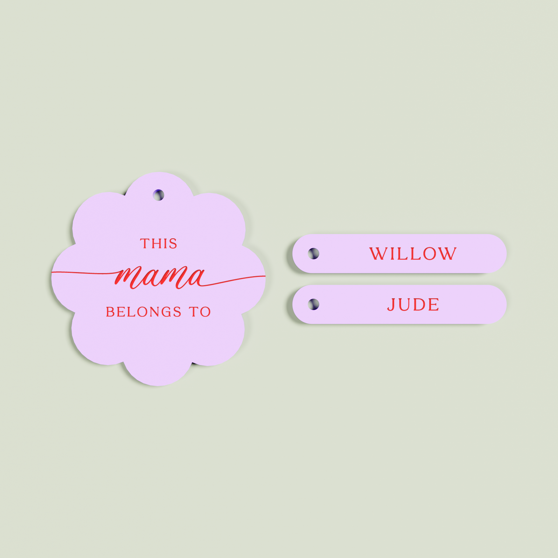 Travertino acrylic scallop keyring with 2 name tags with red text on lavender acrylic | Saint Sauvant Auckland NZ