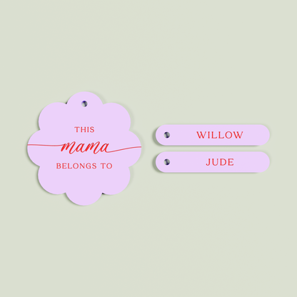 Travertino acrylic scallop keyring with 2 name tags with red text on lavender acrylic | Saint Sauvant Auckland NZ