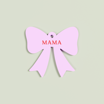 Venato acrylic bow keyring with red 'mama' text on light pink acrylic | Saint Sauvant Auckland NZ