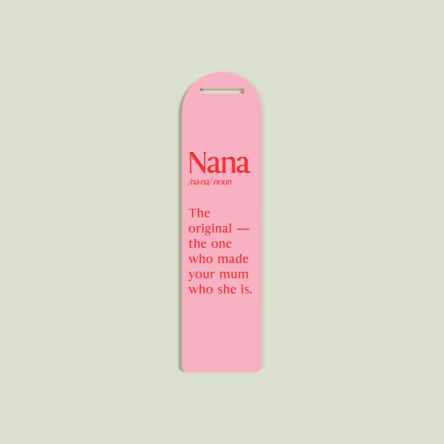 Camomilla acrylic bookmark with red text on strawberry acrylic | Saint Sauvant Auckland NZ