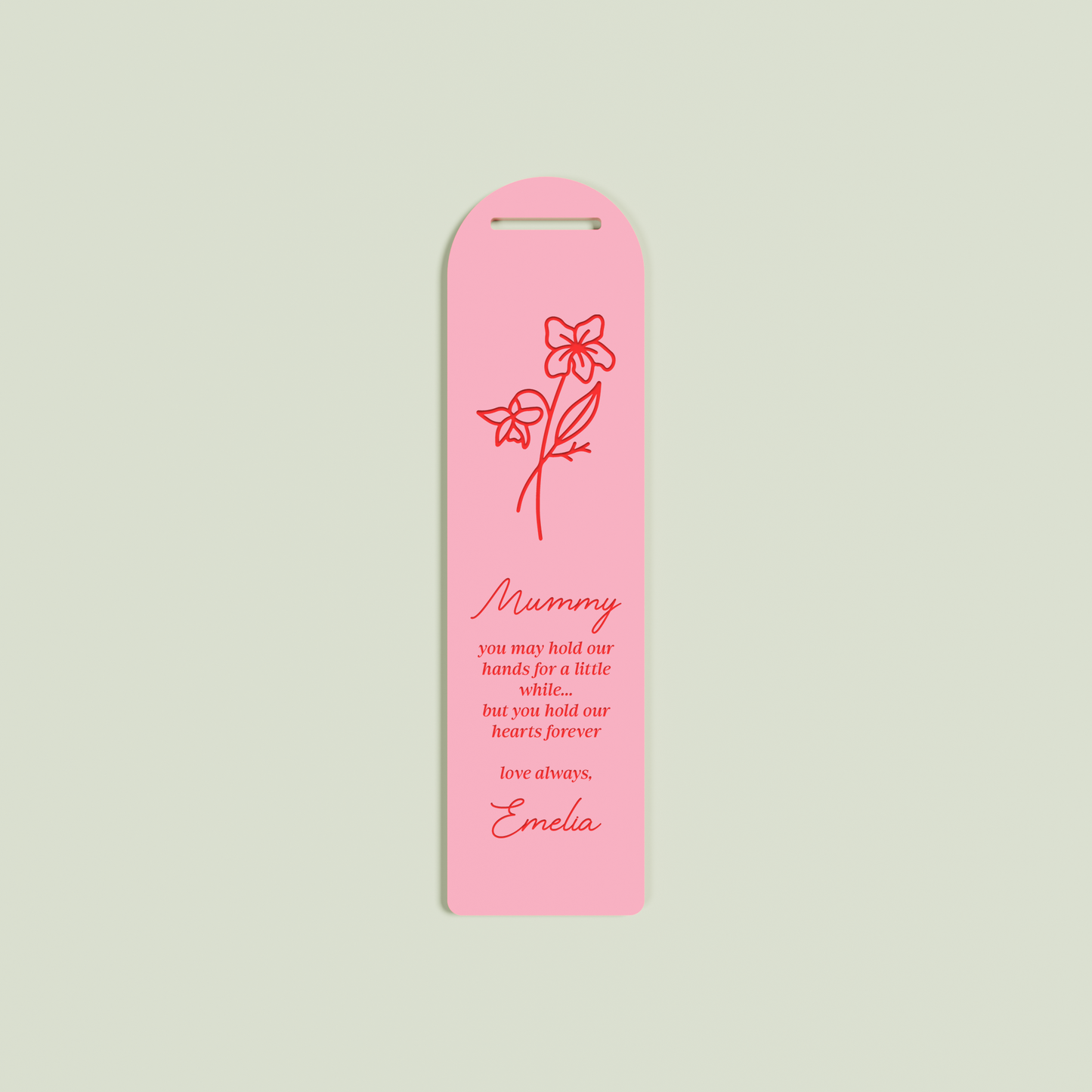 Origano acrylic bookmark with a floral design and red text on strawberry acrylic | Saint Sauvant Auckland NZ