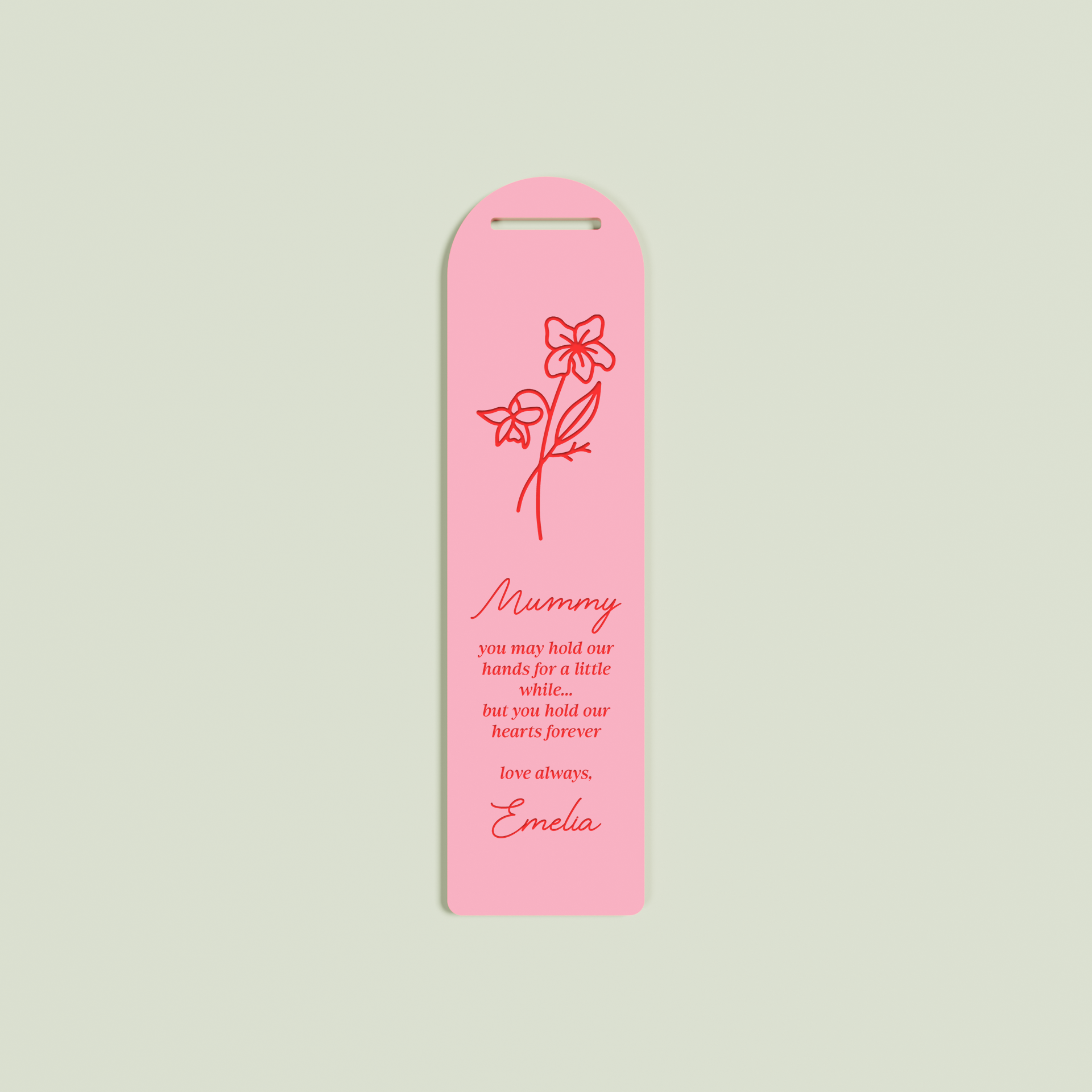 Origano acrylic bookmark with a floral design and red text on strawberry acrylic | Saint Sauvant Auckland NZ