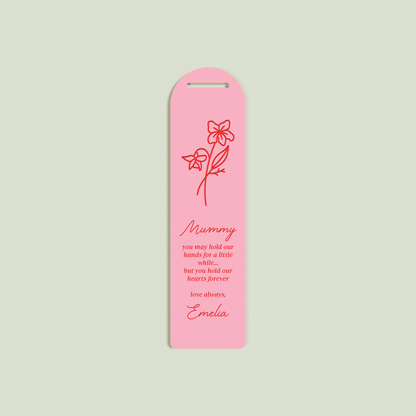 Origano acrylic bookmark with a floral design and red text on strawberry acrylic | Saint Sauvant Auckland NZ