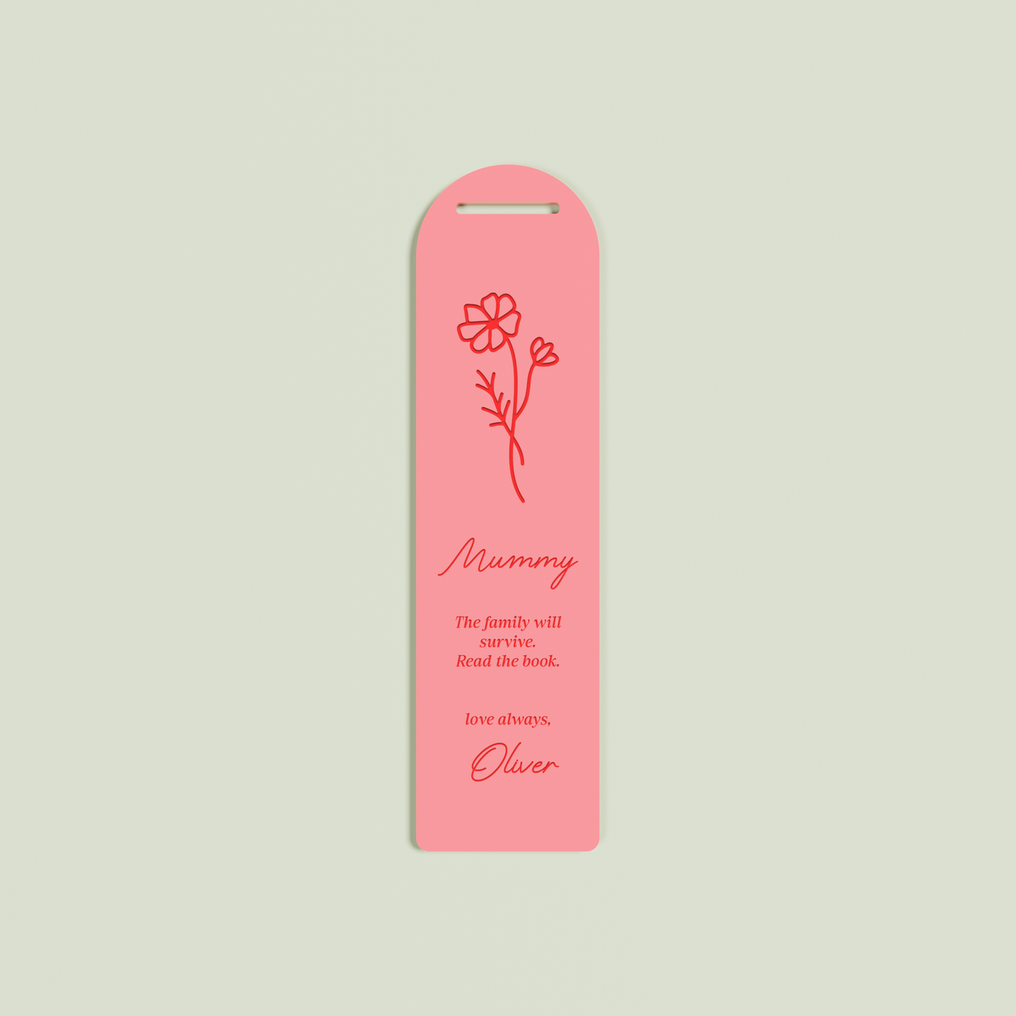 Lierre acrylic bookmark with a floral design and red text on watermelon acrylic | Saint Sauvant Auckland NZ
