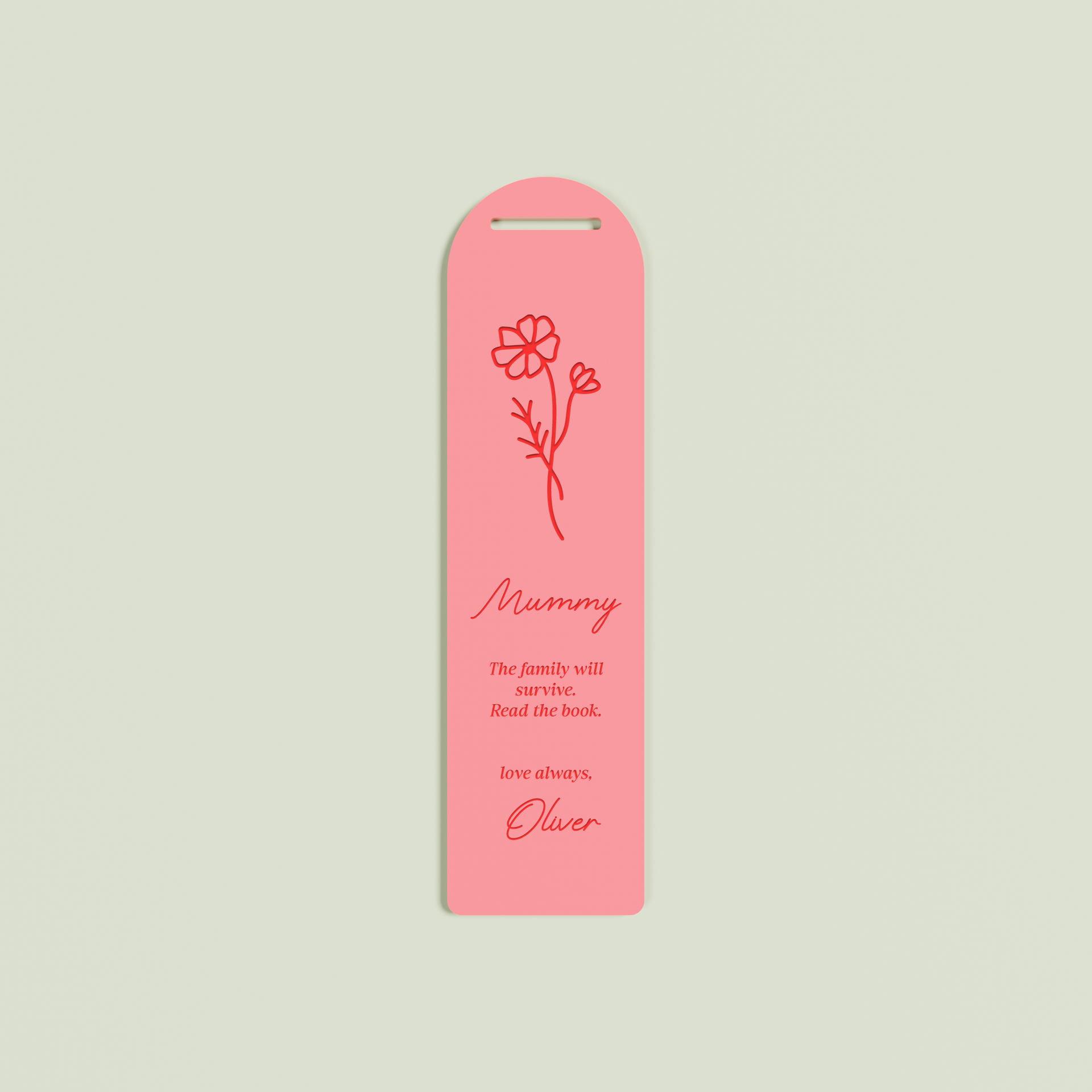 Lierre acrylic bookmark with a floral design and red text on watermelon acrylic | Saint Sauvant Auckland NZ
