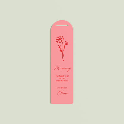 Lierre acrylic bookmark with a floral design and red text on watermelon acrylic | Saint Sauvant Auckland NZ