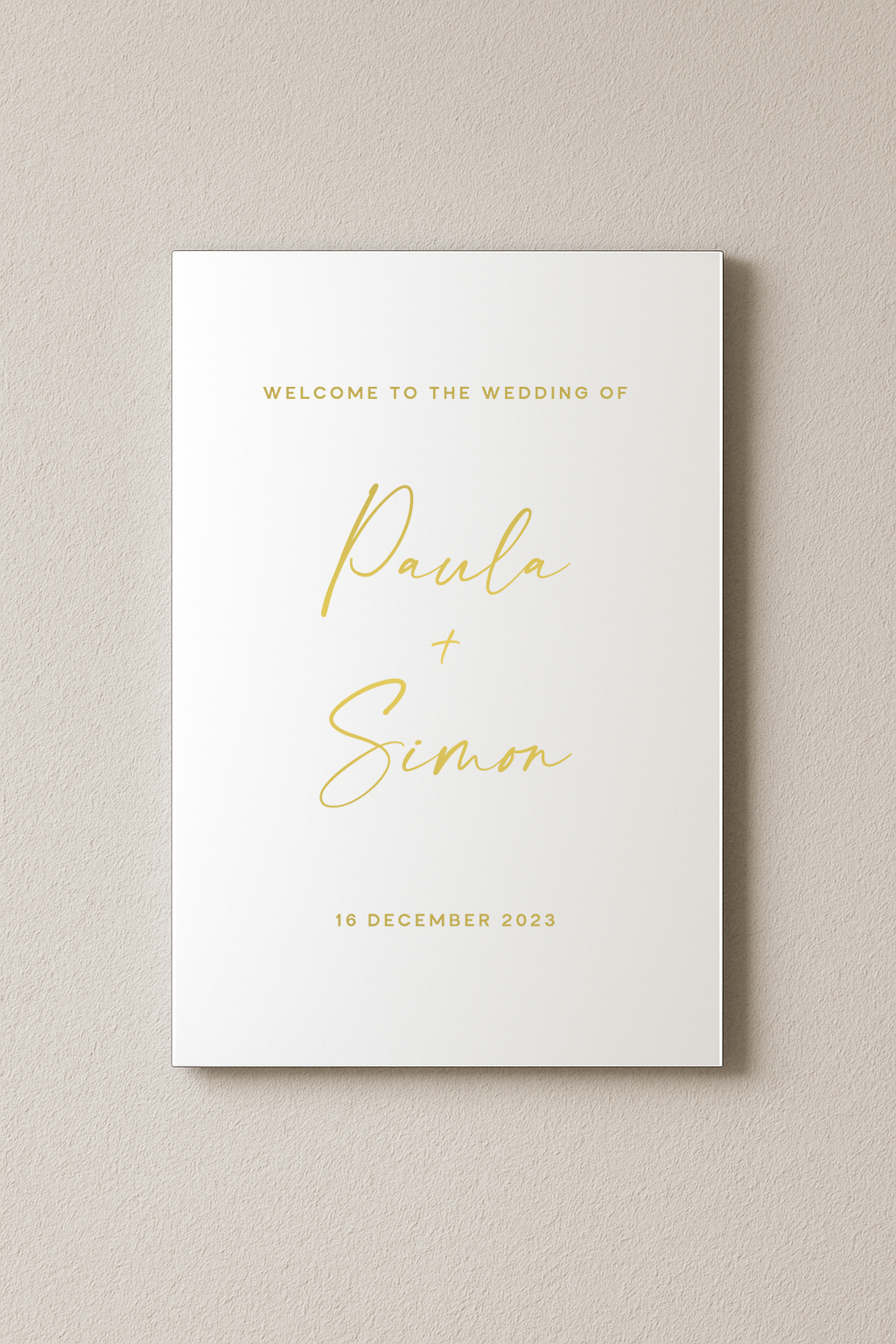 Santorini acrylic welcome sign, gold text on white acrylic | Saint Sauvant Auckland NZ