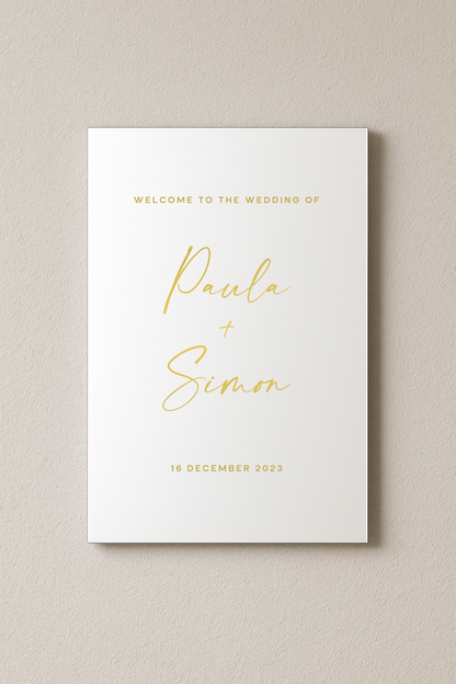 Santorini acrylic welcome sign, gold text on white acrylic | Saint Sauvant Auckland NZ