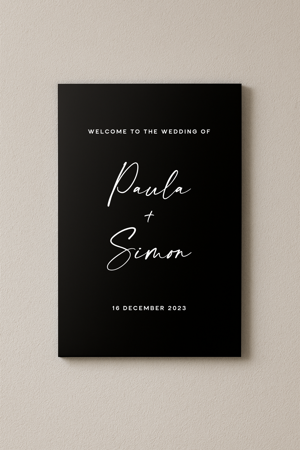 Santorini acrylic welcome sign, white text on black acrylic | Saint Sauvant Auckland NZ
