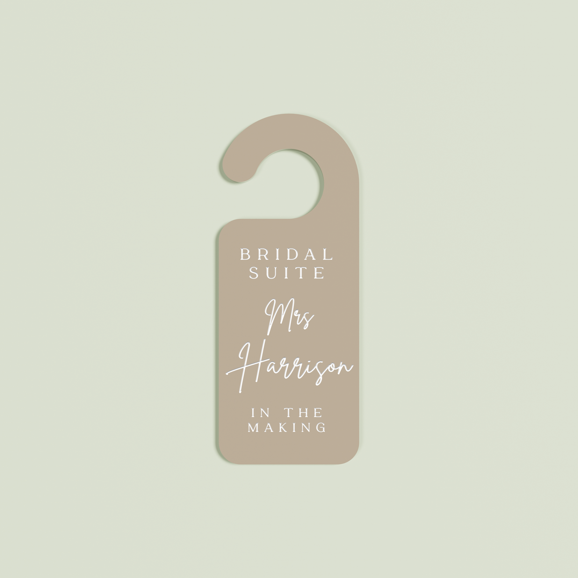 Light brown Velo  door hanger with 'Bridal Suite Mrs Harrison In The Making' white text | Saint Sauvant Auckland NZ