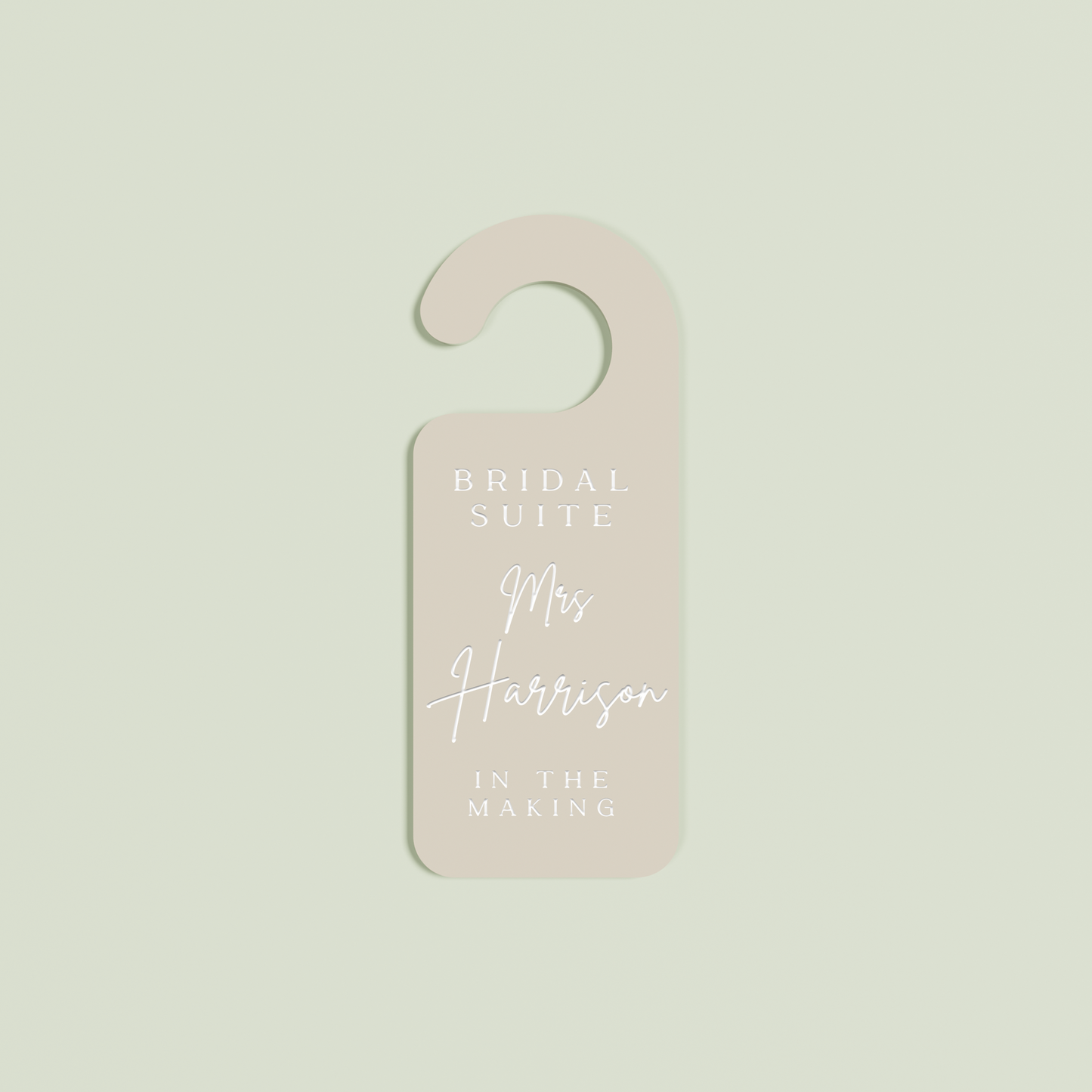 Oat Velo door hanger with 'Bridal Suite Mrs Harrison In The Making' white text | Saint Sauvant Auckland NZ