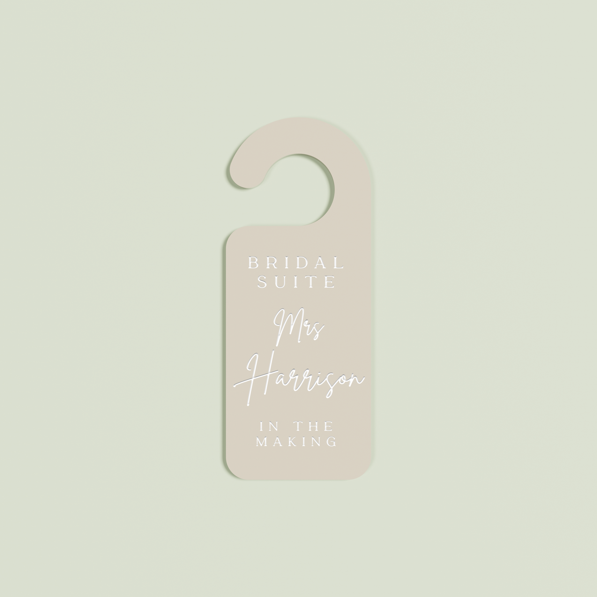 Oat Velo door hanger with 'Bridal Suite Mrs Harrison In The Making' white text | Saint Sauvant Auckland NZ