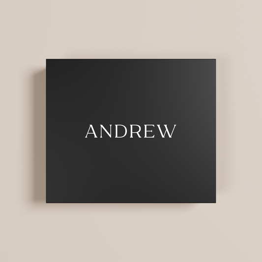 Peony personalised gift box, white text on black acrylic | Saint Sauvant Auckland NZ