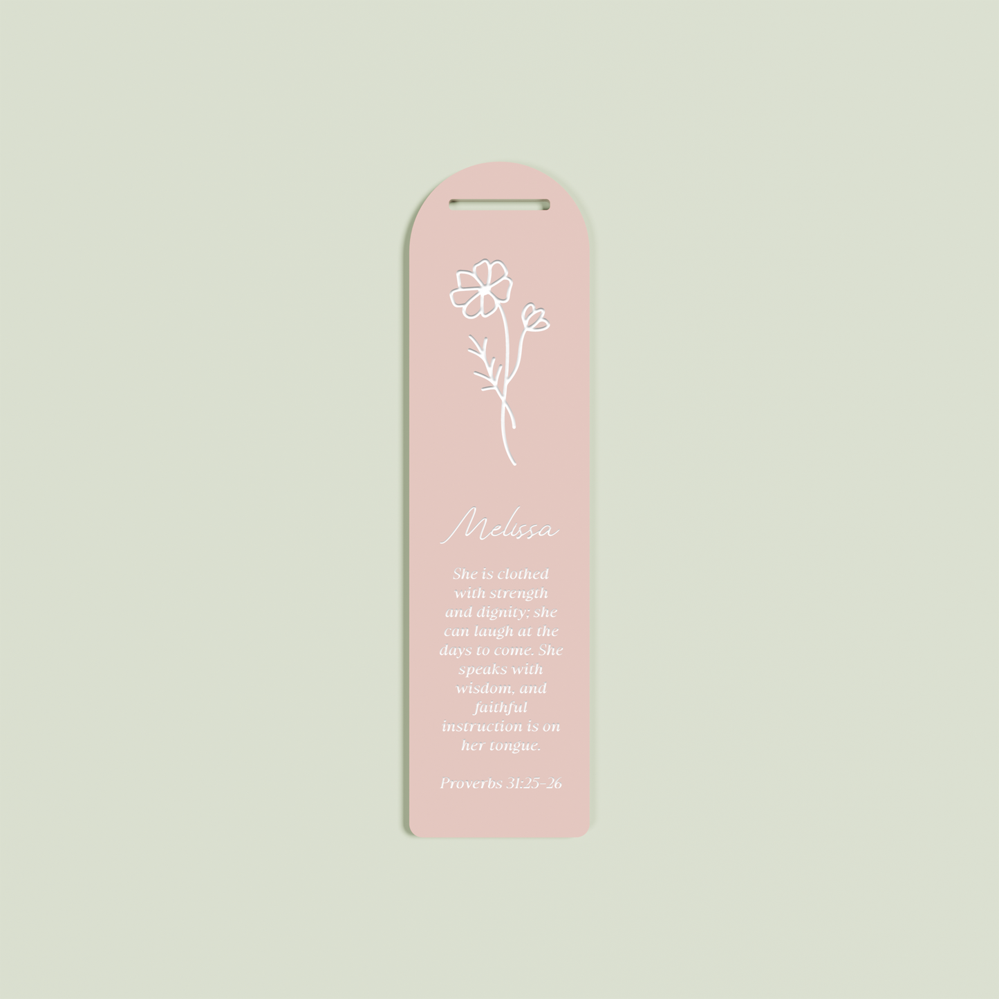 Romarin acrylic bookmark with provebs 31 and floral design in white on blush acrylic | Saint Sauvant Auckland NZ