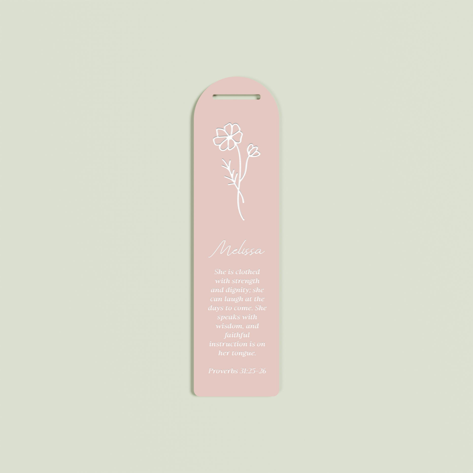 Romarin acrylic bookmark with provebs 31 and floral design in white on blush acrylic | Saint Sauvant Auckland NZ
