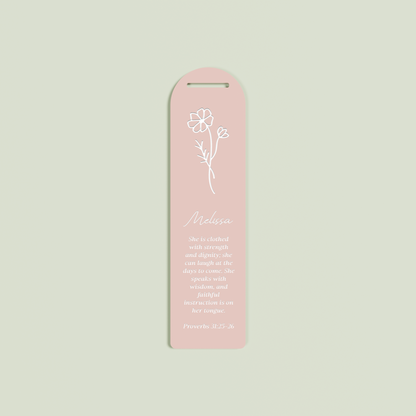 Romarin acrylic bookmark with provebs 31 and floral design in white on blush acrylic | Saint Sauvant Auckland NZ