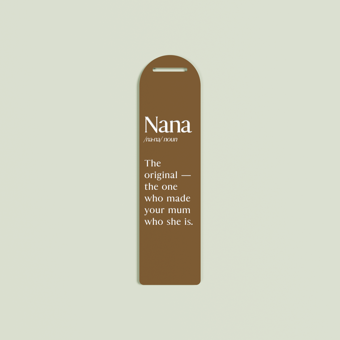 Camomilla acrylic bookmark with white text on chocolate acrylic | Saint Sauvant Auckland NZ