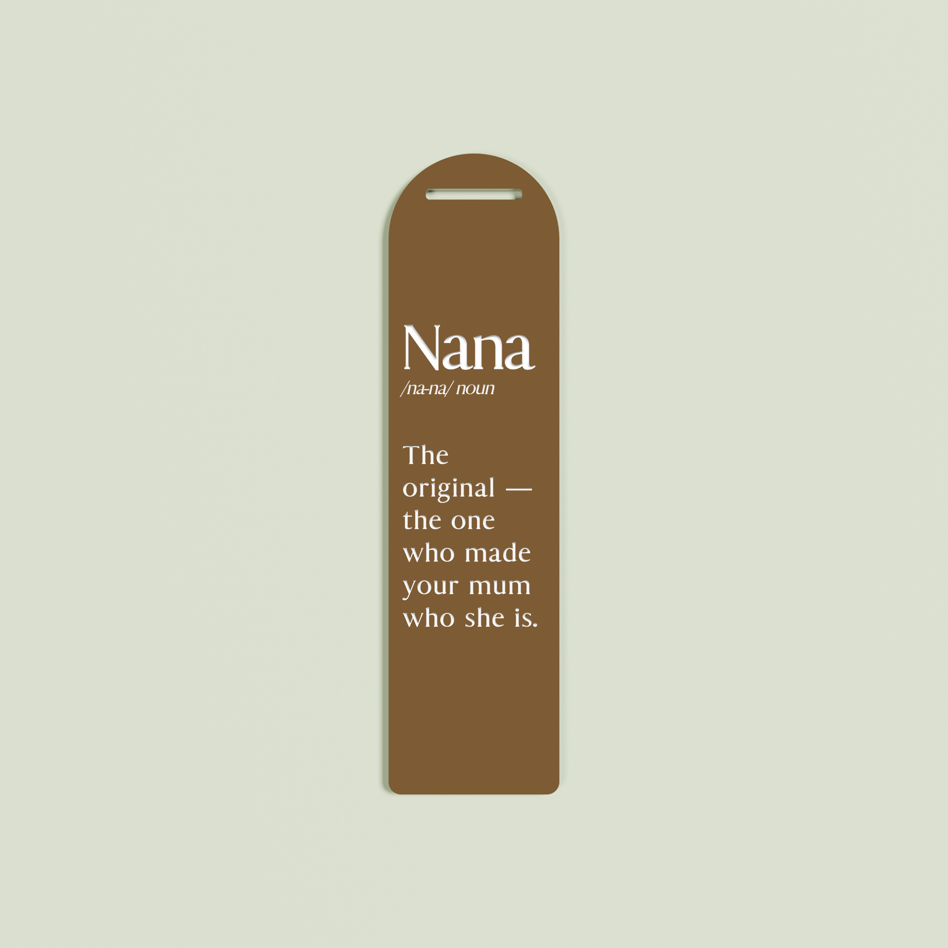 Camomilla acrylic bookmark with white text on chocolate acrylic | Saint Sauvant Auckland NZ