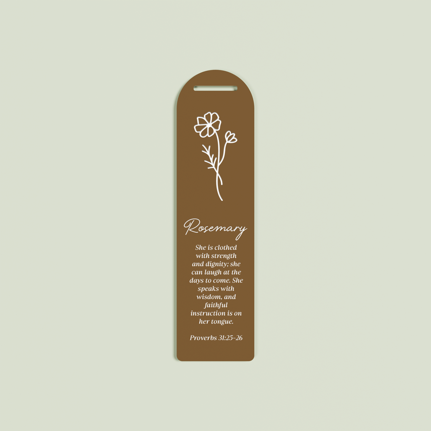 Romarin acrylic bookmark with provebs 31 and floral design in white on chocolate acrylic | Saint Sauvant Auckland NZ