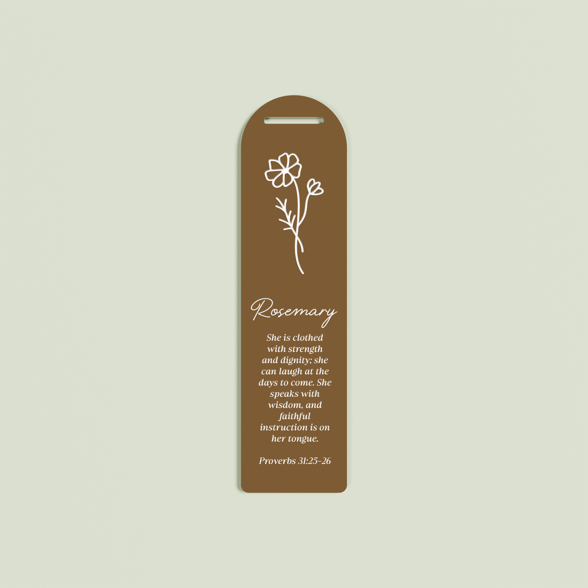 Romarin acrylic bookmark with provebs 31 and floral design in white on chocolate acrylic | Saint Sauvant Auckland NZ