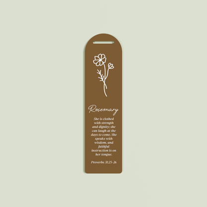 Romarin acrylic bookmark with provebs 31 and floral design in white on chocolate acrylic | Saint Sauvant Auckland NZ