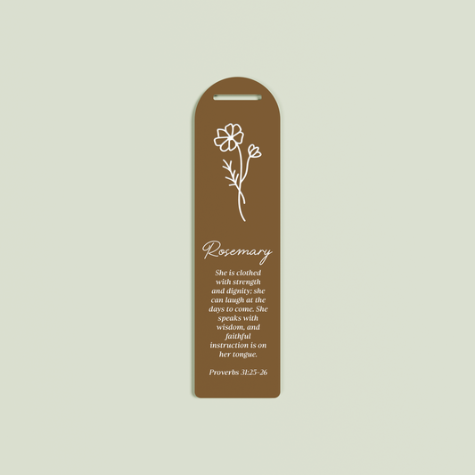 Romarin acrylic bookmark with provebs 31 and floral design in white on chocolate acrylic | Saint Sauvant Auckland NZ