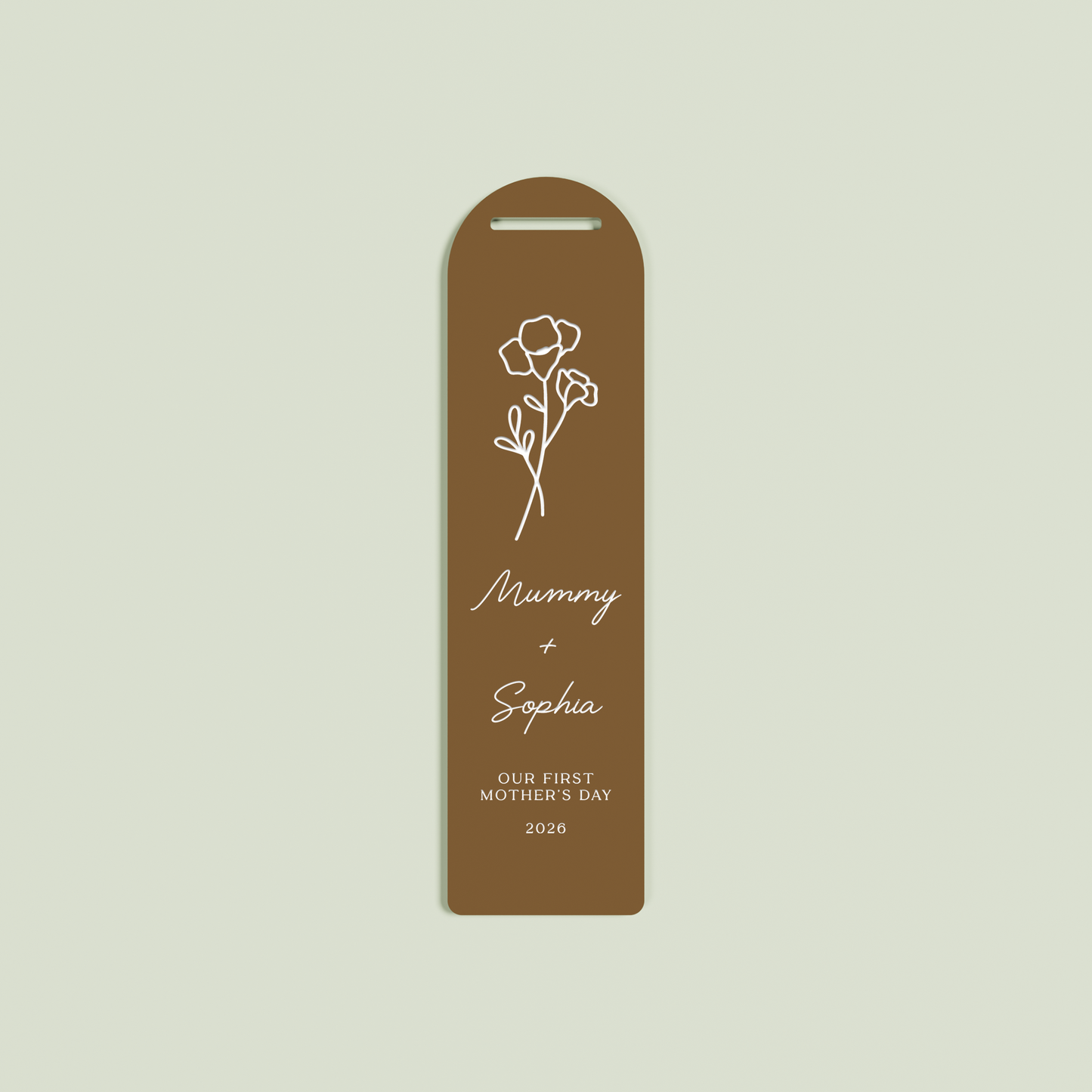 Verveine acrylic bookmark with a floral design and white text on chocolate acrylic | Saint Sauvant Auckland NZ