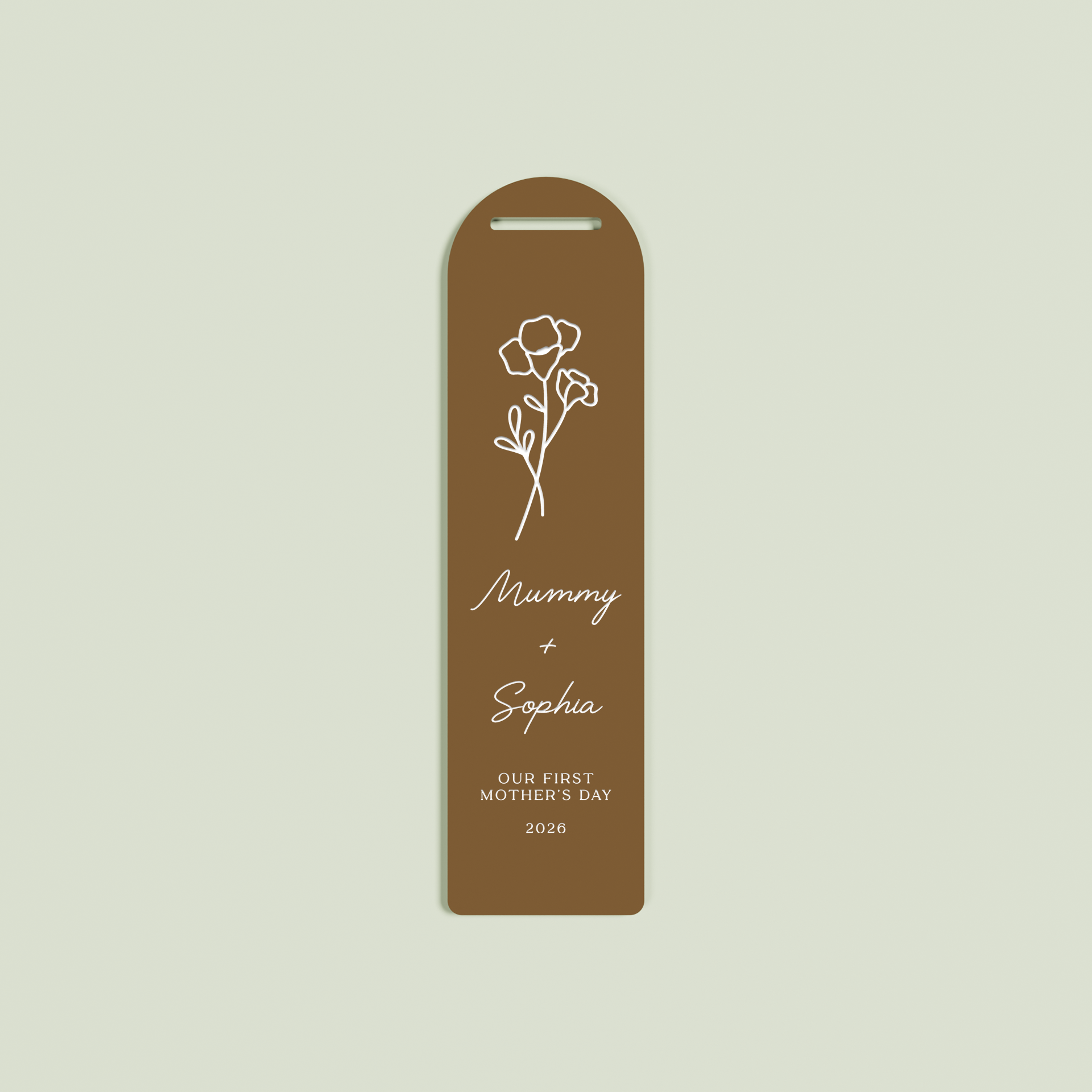 Verveine acrylic bookmark with a floral design and white text on chocolate acrylic | Saint Sauvant Auckland NZ