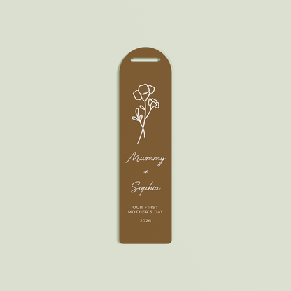 Verveine acrylic bookmark with a floral design and white text on chocolate acrylic | Saint Sauvant Auckland NZ