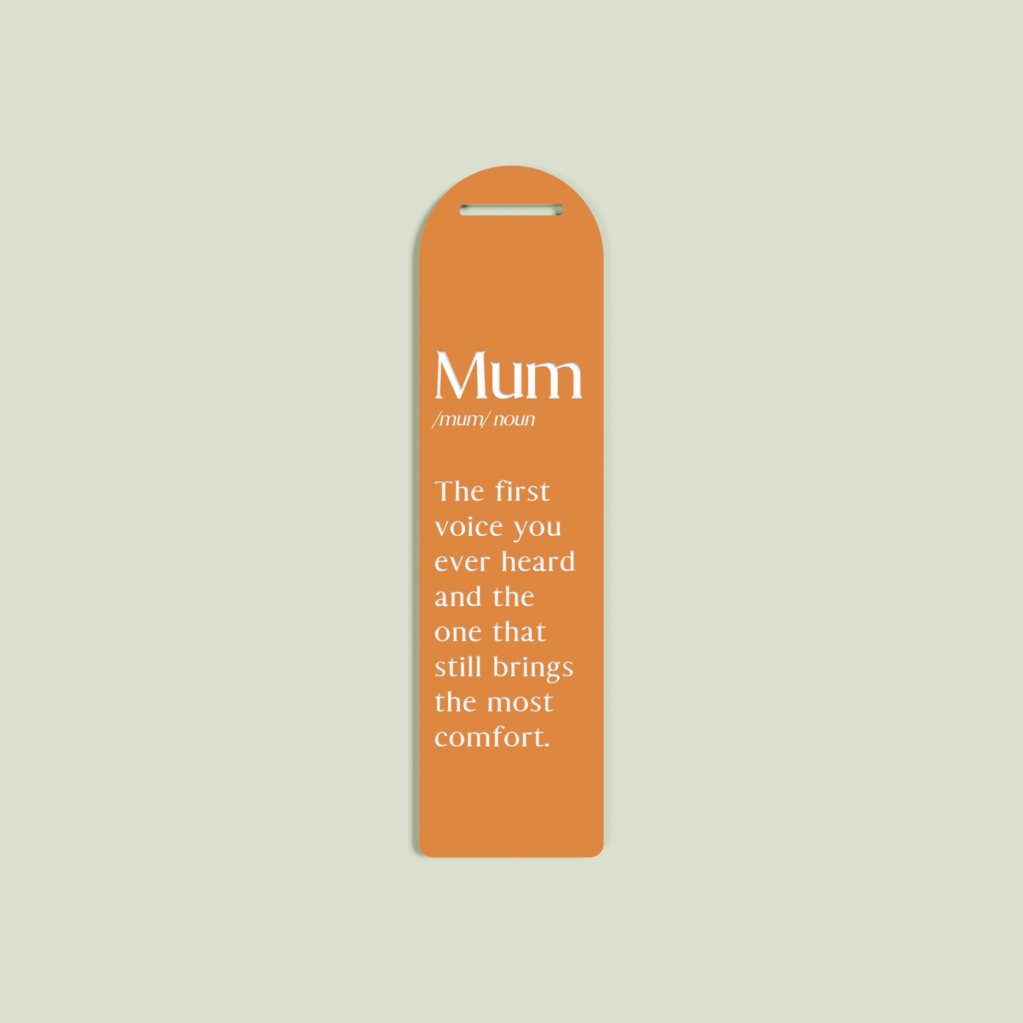 Alloro acrylic bookmark with white text on clementine acrylic | Saint Sauvant Auckland NZ