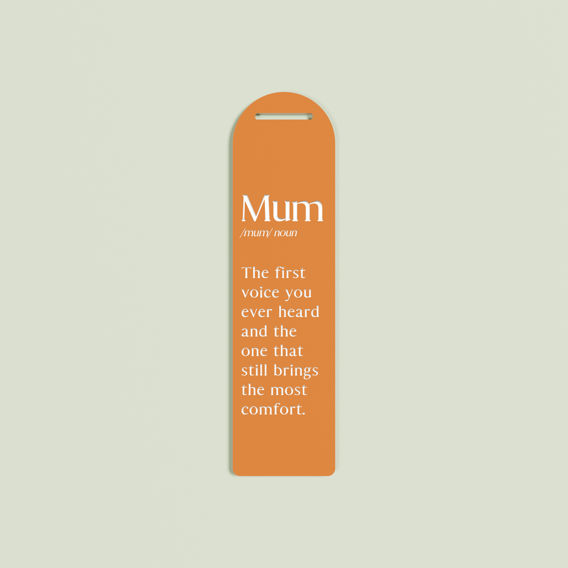 Alloro acrylic bookmark with white text on clementine acrylic | Saint Sauvant Auckland NZ