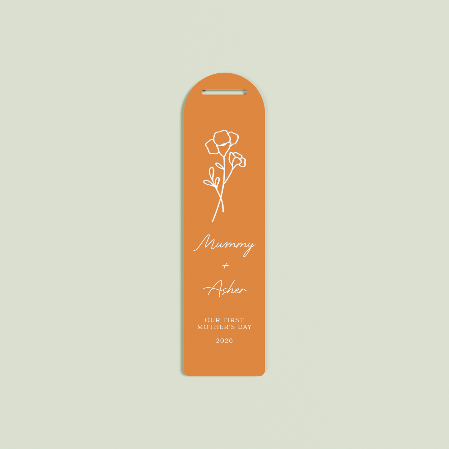 Verveine acrylic bookmark with a floral design and white text on clementine acrylic | Saint Sauvant Auckland NZ