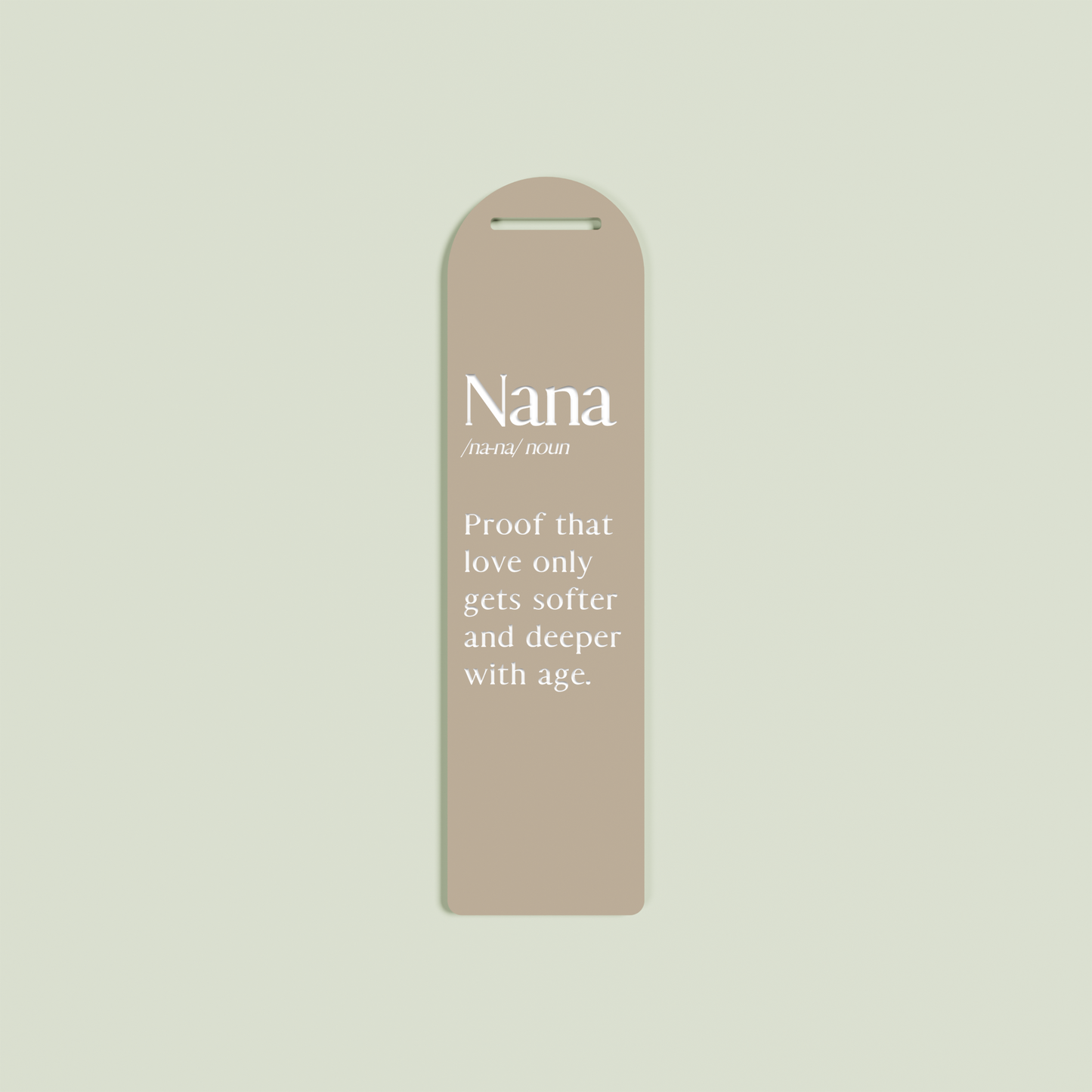 Lavande acrylic bookmark with white text on light brown acrylic | Saint Sauvant Auckland NZ