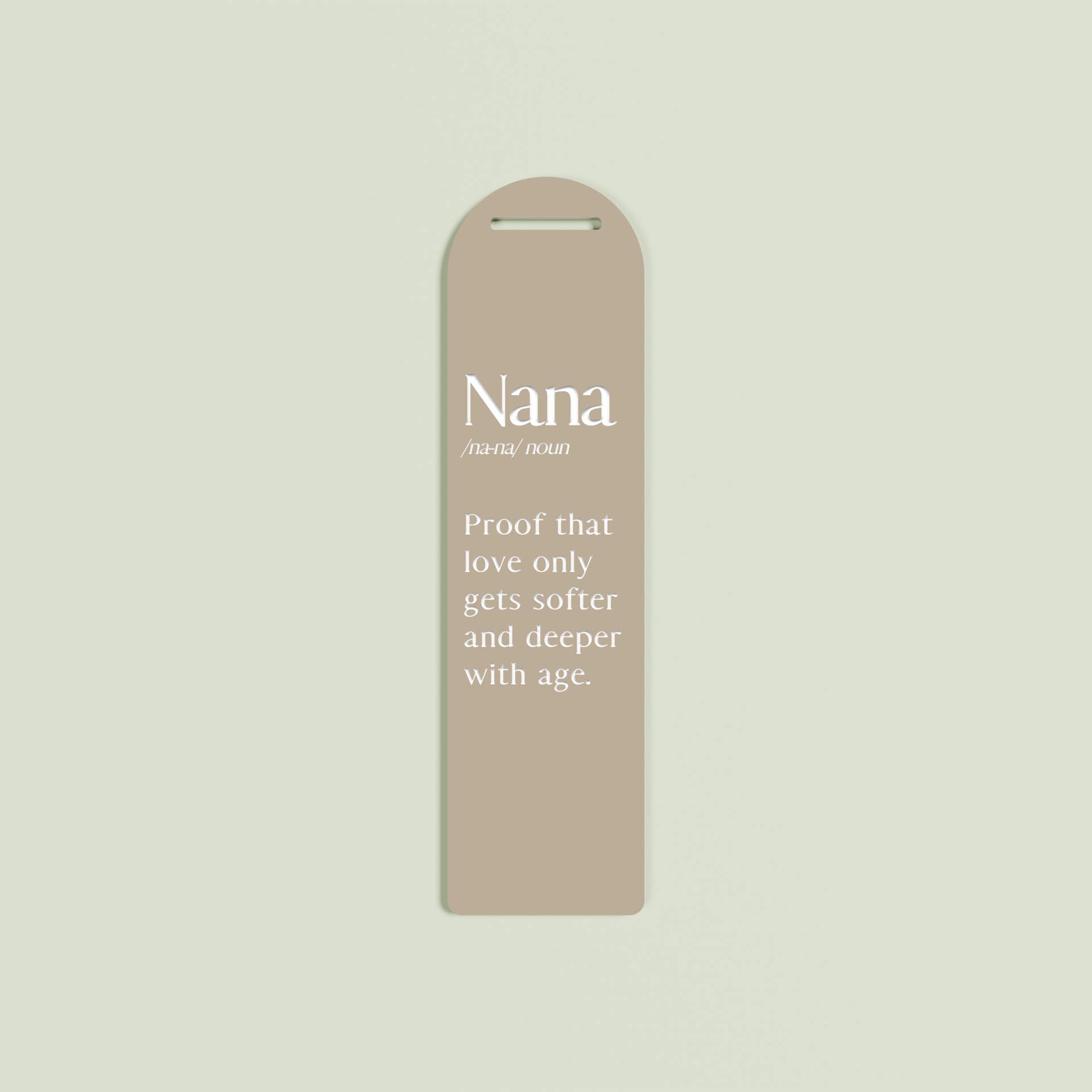Lavande acrylic bookmark with white text on light brown acrylic | Saint Sauvant Auckland NZ