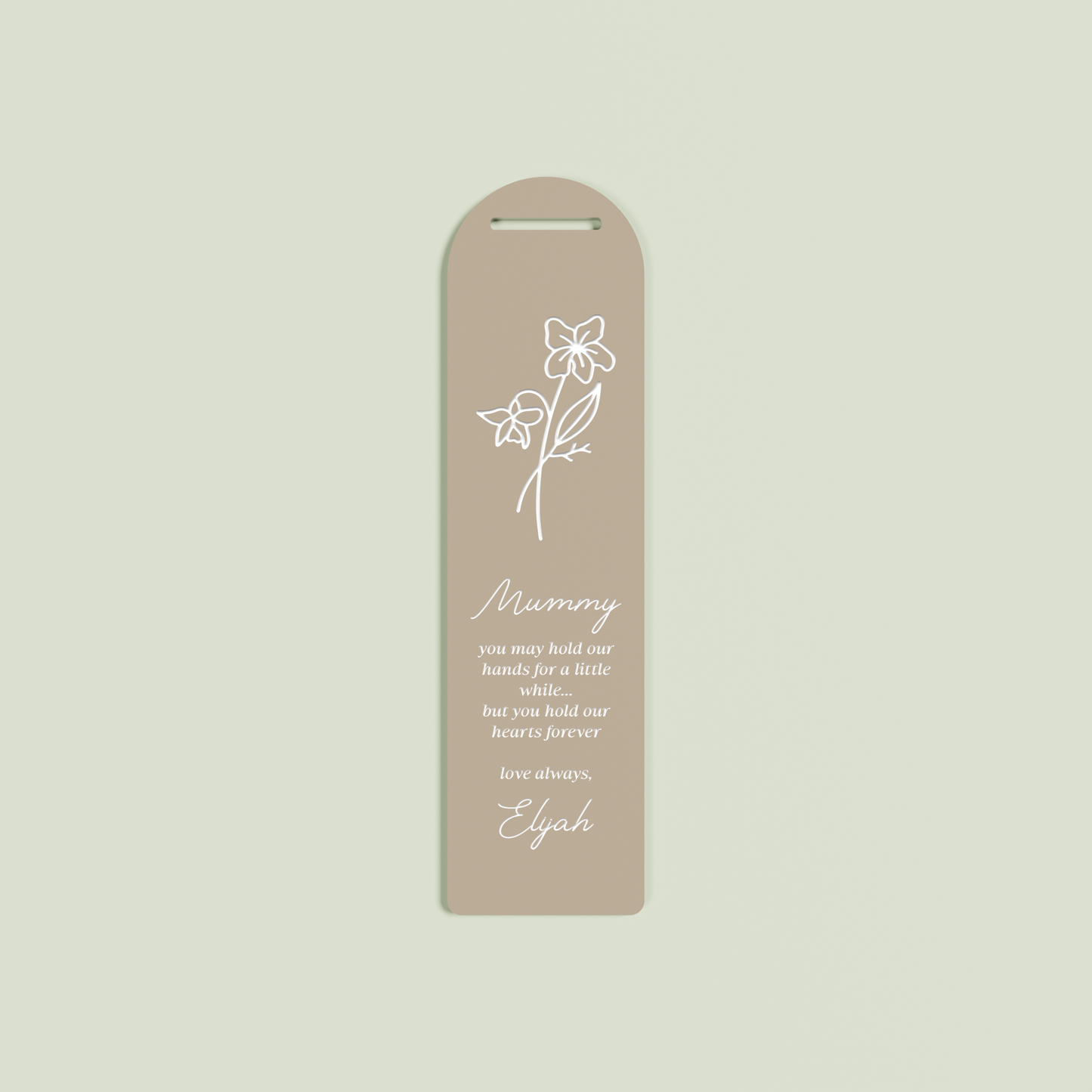 Origano acrylic bookmark with a floral design and white text on light brown acrylic | Saint Sauvant Auckland NZ