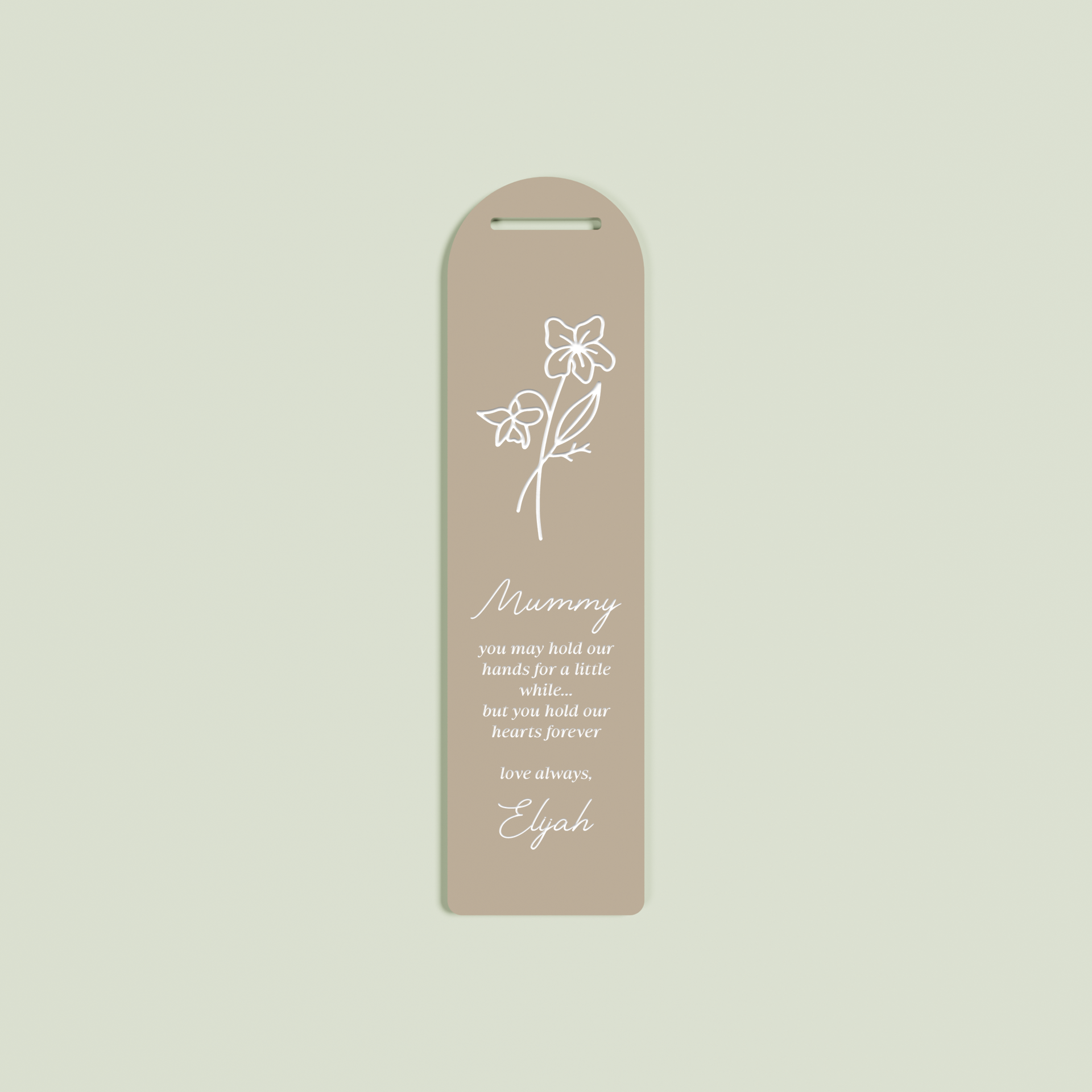 Origano acrylic bookmark with a floral design and white text on light brown acrylic | Saint Sauvant Auckland NZ