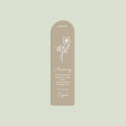 Origano acrylic bookmark with a floral design and white text on light brown acrylic | Saint Sauvant Auckland NZ