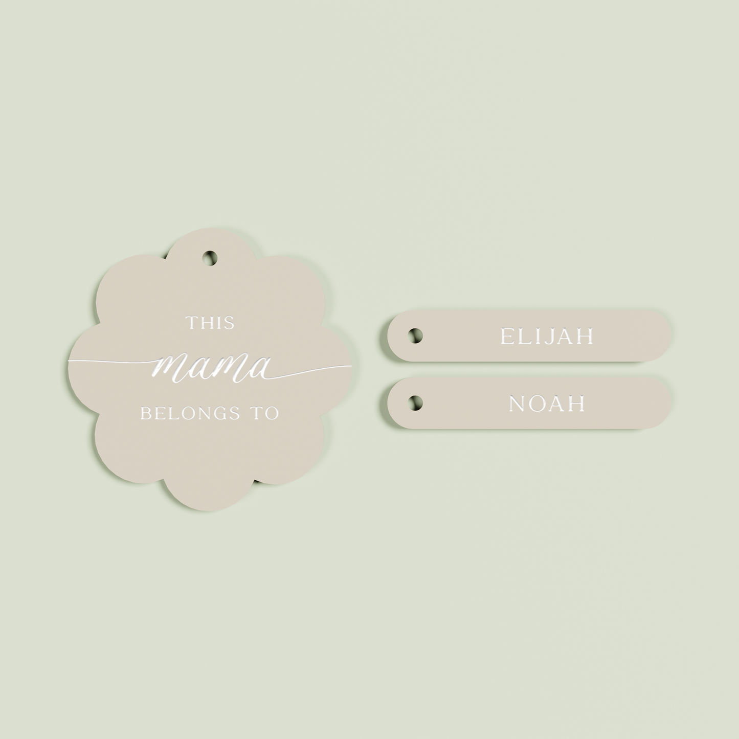 Travertino acrylic scallop keyring with 2 name tags with white text on oat acrylic | Saint Sauvant Auckland NZ
