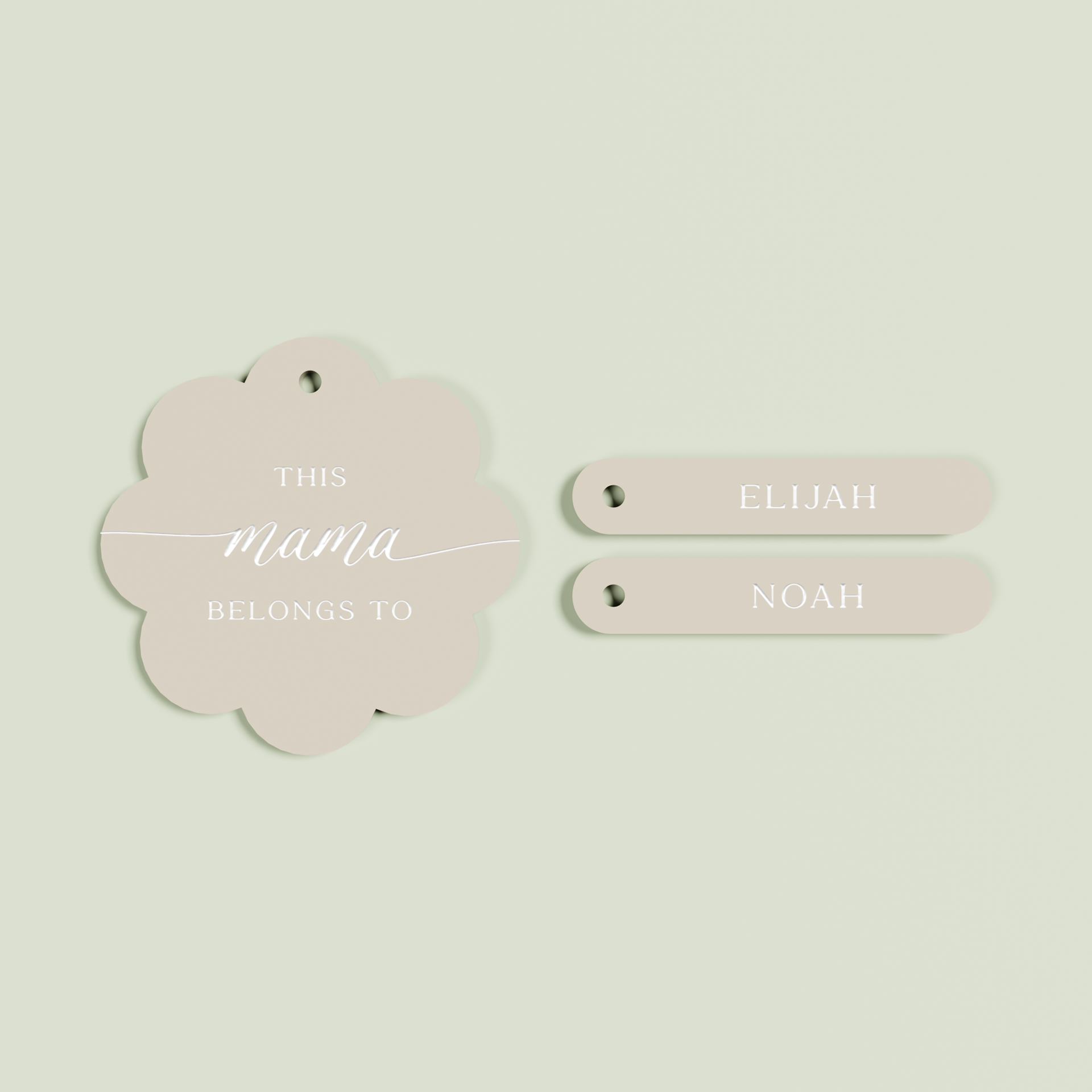 Travertino acrylic scallop keyring with 2 name tags with white text on oat acrylic | Saint Sauvant Auckland NZ