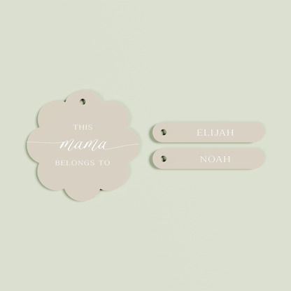 Travertino acrylic scallop keyring with 2 name tags with white text on oat acrylic | Saint Sauvant Auckland NZ