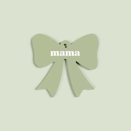 Peperino acrylic bow keyring with white 'mama' text on olive acrylic | Saint Sauvant Auckland NZ