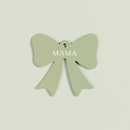 Venato acrylic bow keyring with white 'mama' text on olive acrylic | Saint Sauvant Auckland NZ