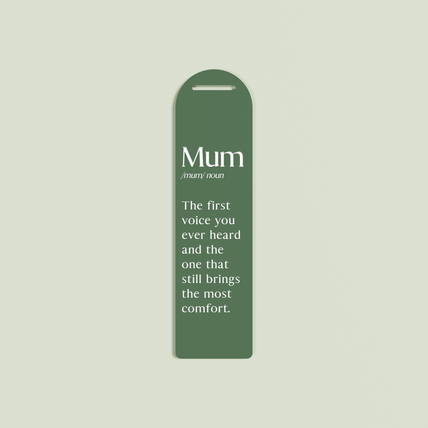 Alloro acrylic bookmark with white text on sage acrylic | Saint Sauvant Auckland NZ