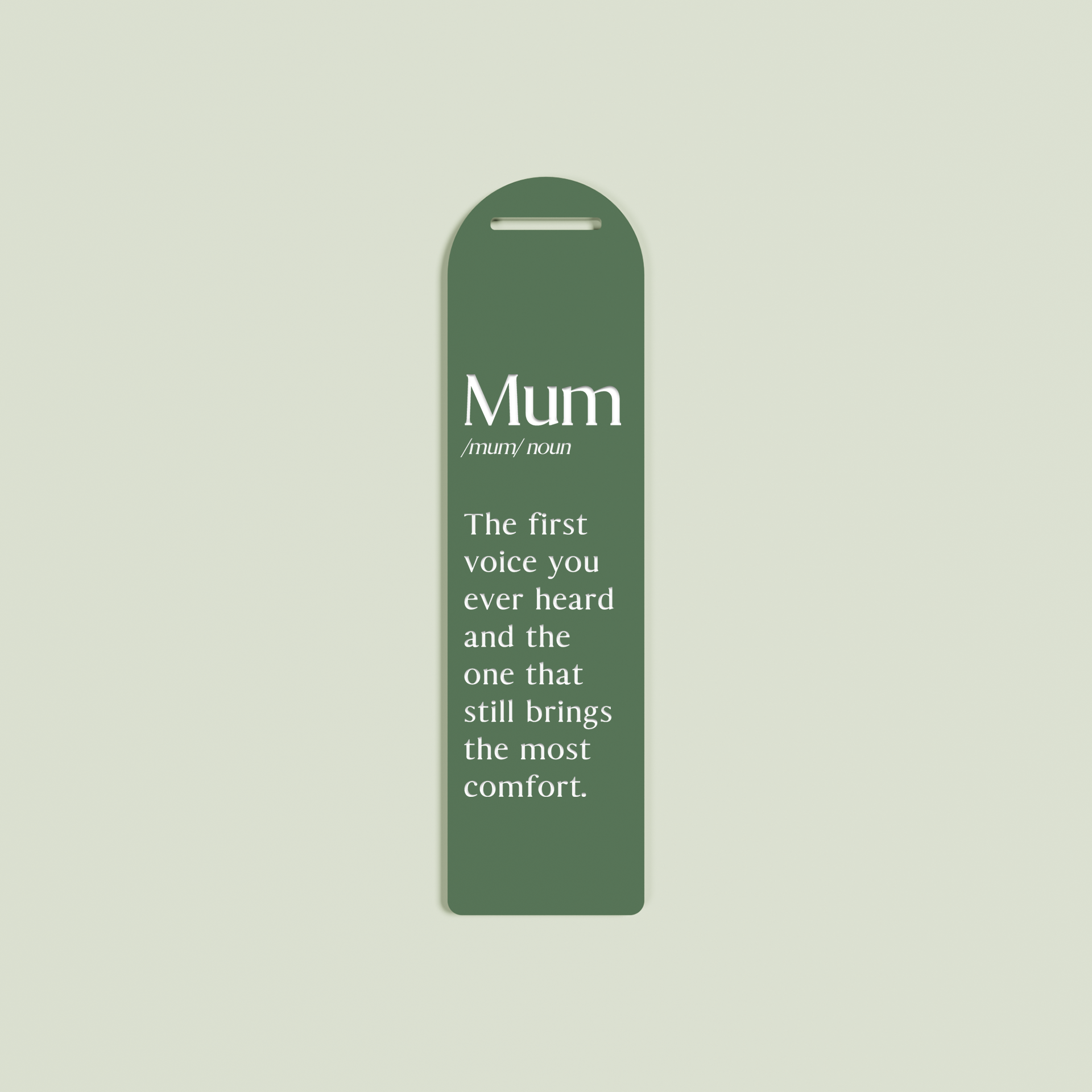 Alloro acrylic bookmark with white text on sage acrylic | Saint Sauvant Auckland NZ