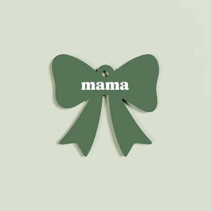 Peperino acrylic bow keyring with white 'mama' text on sage acrylic | Saint Sauvant Auckland NZ