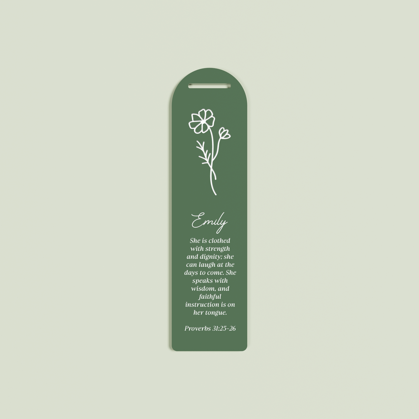Romarin acrylic bookmark with provebs 31 and floral design in white on sage acrylic | Saint Sauvant Auckland NZ