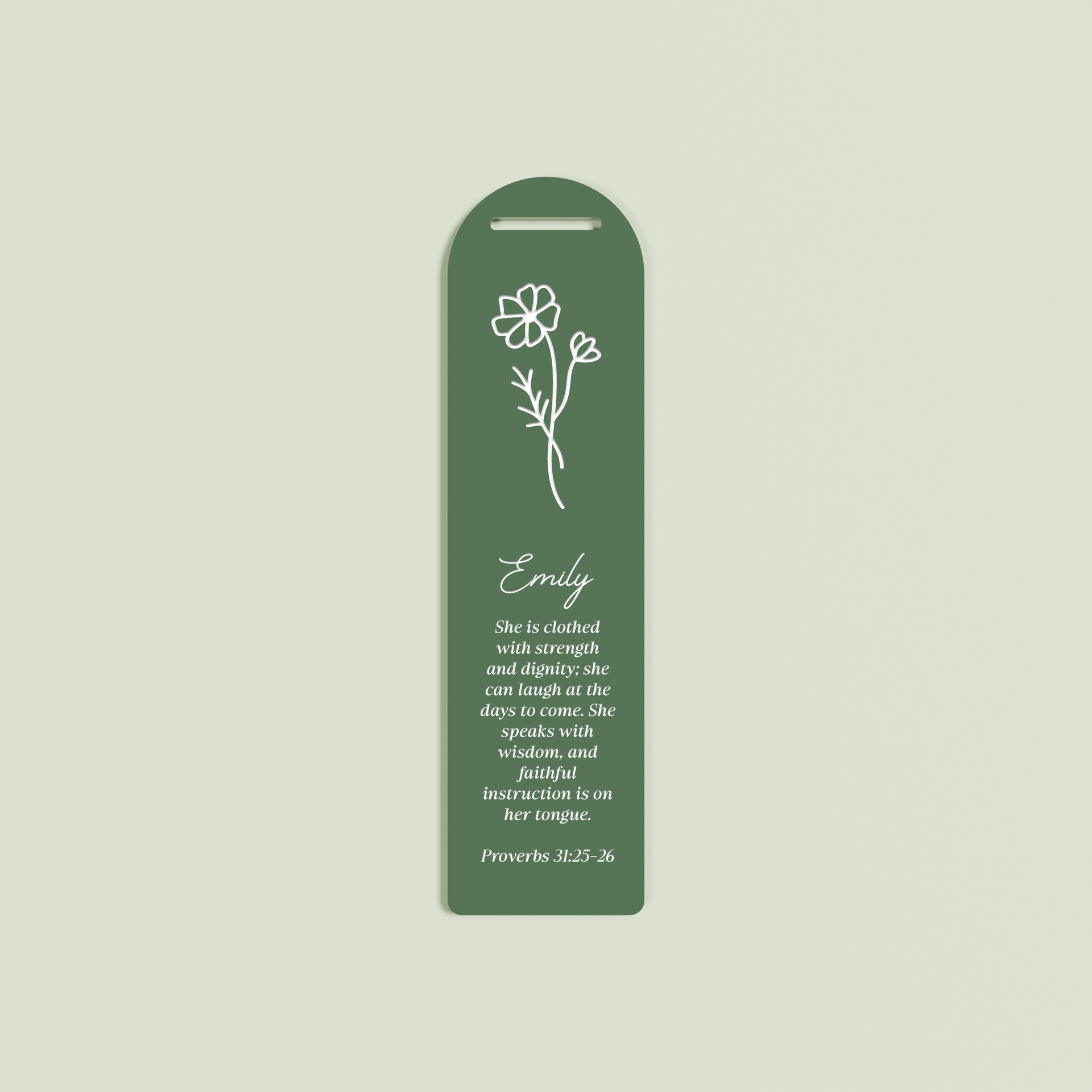 Romarin acrylic bookmark with provebs 31 and floral design in white on sage acrylic | Saint Sauvant Auckland NZ