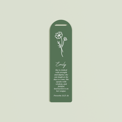 Romarin acrylic bookmark with provebs 31 and floral design in white on sage acrylic | Saint Sauvant Auckland NZ