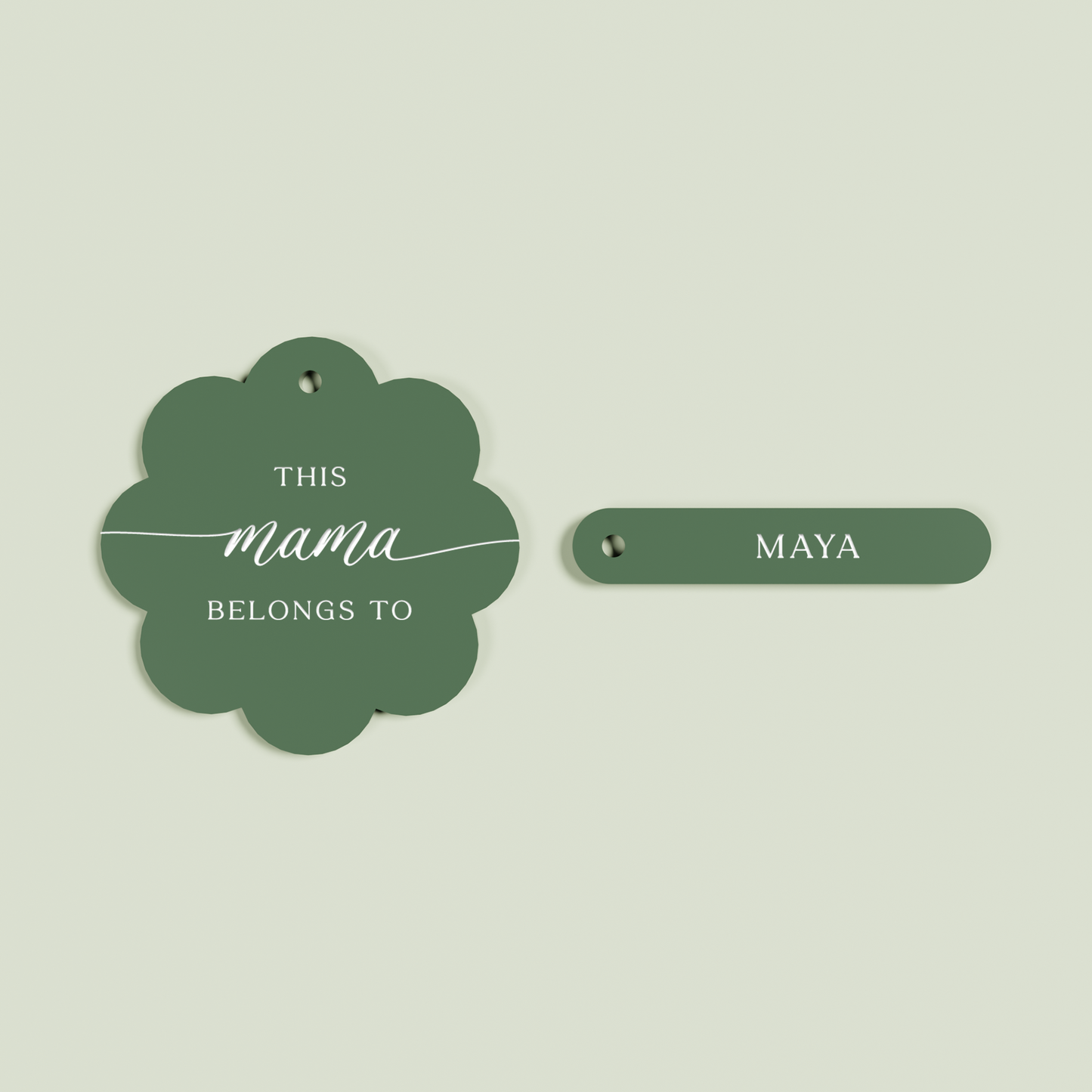 Travertino acrylic scallop keyring with 1 name tags with white text on sage acrylic | Saint Sauvant Auckland NZ